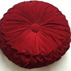 Vintage Round Velvet Pleated Smocked Throw Pillow Red Burgundy Decorative