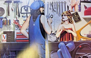 David Mann Poster Biker And Girlfriend in Garage by Tools - Picture 1 of 1