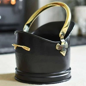 Polished Brass & Black Iron Traditional Fireplace Coal Bucket Coal Scuttle - Picture 1 of 5
