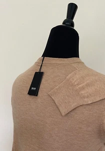 HUGO BOSS Logo Sweater Beige Camel Wool V Neck Pullover M size Regular Fit - Picture 1 of 7