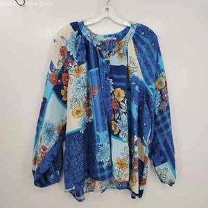 BLUE FLORAL LONG PUFFY CUFFED SLEEVE SILK BUTTON DOWN BLOUSE BY JOHNNY WAS ~ XL - Picture 1 of 8