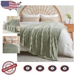 Premium Sage Green King Blanket - Flannel Fleece Comfort with Ribbed Texture - Picture 1 of 11