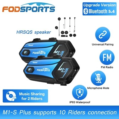 2X Fodsports M1-S Plus Motorcycle Bluetooth Headset 10Rider Group Helmet System - image 1 of 4