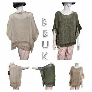 Ladies/Womens New 2 Piece Beige & Khaki Crochet Lace Tassel Hem Poncho Flare Top - Picture 1 of 9