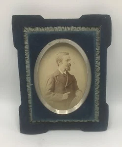 Vintage 19th Cent Ornate Blue Velvet Embroidered Frame Cabinet Card Man - Picture 1 of 11