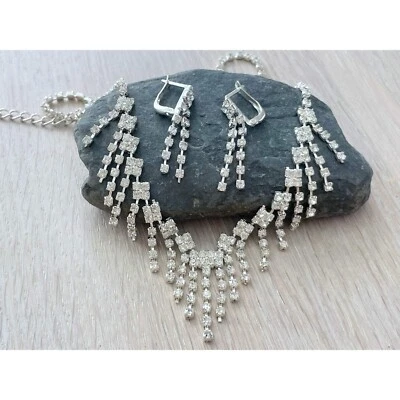 Ensemble de boucles d'oreilles collier strass de mariée, élégants bijoux de m... - Photo 1/4