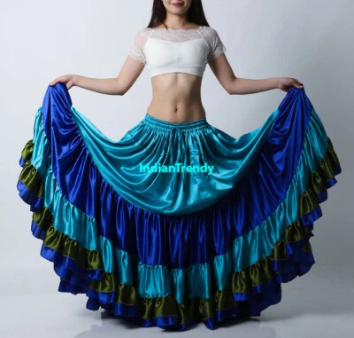 混合颜色缎面 6-12-25 码分层吉普赛裙肚皮舞褶皱弗拉门戈 Jupe — 第 1/4 张图片