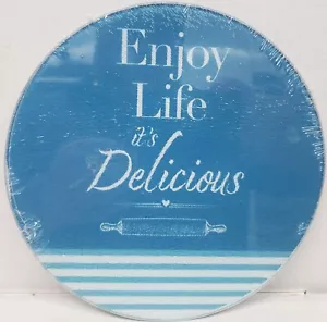 Round Glass Cutting Board/Trivet,app 8"ENJOY LIFE IT'S DELICIOUS, ROLLING PIN,GR - Picture 1 of 12