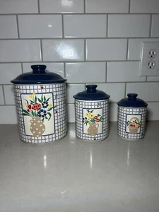 Vintage Made in Japan Drei Kanister Set blau kariert mit Blumen und Früchten - Bild 1 von 15