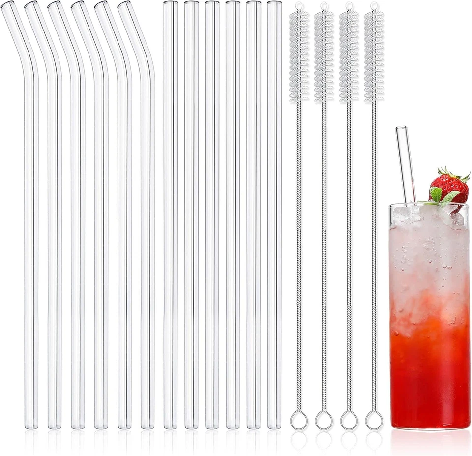 NETANY 12-Pack Reusable Glass Straws Clear Glass Drinking Straw 10''X10 MM Se