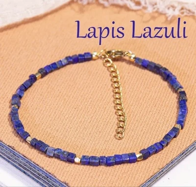 ✅ Lapis Lazuli Edelstein Armband Blau Gold Natürlich Stein Perlen Kette Damen ✅ - Bild 1 von 4