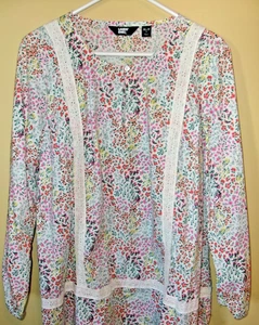 Lands End Shirt Damen XL/P mehrfarbig geblümt 100% Baumwolle lange elastische Ärmel - Bild 1 von 5