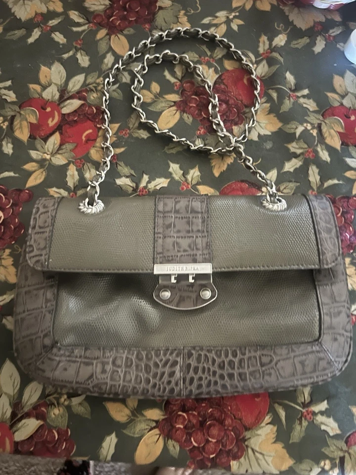 Judith Ripka grey Leather Large Hobo Shoulder Bag ZipTop Turn Lock Pocket - Image 1 of 4