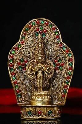 12.5 cm China Buddhism Tibetan Silver Kwan-yin Guanyin Statue inlay gem - Image 1 of 4