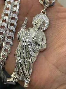 925 Sterling Silver St Jude Religious Silver Medal Pendant Charm San Judas Set - Picture 1 of 4
