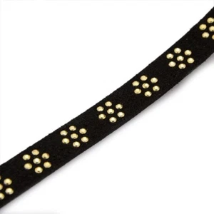 1 METRE CORDON PLAT SIMILI DAIM NOIR 10mm FLEURS STRASS ALUMINIUM doré clair - Imagen 1 de 1