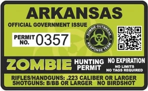 Permiso de caza de zombis Arkansas 4""x2,4"" pegatina unidad brote calcomanía AR - Imagen 1 de 1