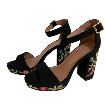 Topshop Matilda Sandalias con Correa al Tobillo 4.25" Tacón Floral Bordado Negro Gamuza Talla 8.5 Foto 1 de 4