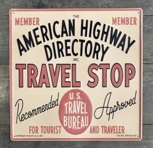 "Letrero de metal en relieve parada de viaje The American Highway Directory, 17"" x 17""" - Imagen 1 de 1