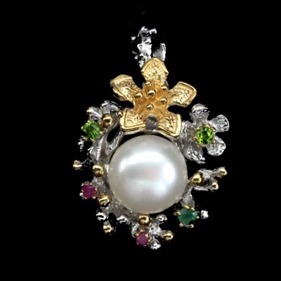 Handarbeit! Anhänger Perle Chromdiopsid Smaragd Rubin 925 Silber 585 vergoldet - Bild 1 von 2