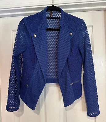 Material Girl Sheer Cropped Moto Jacket Women's Size L Blue - Image 1 of 4