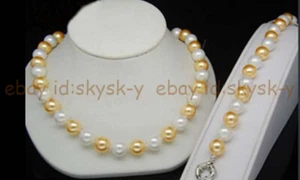 8/10/12mm Yellow White South Sea Shell Pearl Round Beaded Necklace Bracelet Set - Picture 1 of 9