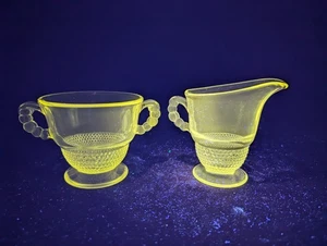Duncan & Miller Glass Clear glass creamer & sugar bowl TEAR DROP Vaseline Glass - Picture 1 of 10