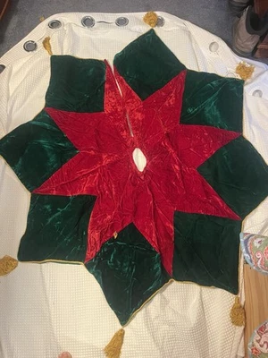 Crushed Velvet Christmas Tree Skirt Dark Green& Red 52”gold Rope Trim Tassels - Image 1 of 3