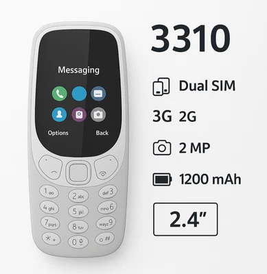 Telefono cellulare Dual SIM GSM 2.4" con Fotocamera 2MP SD Card 3310 Nuovo  - Immagine 1 di 4