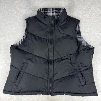 Chaleco acolchado Dress Barn para mujer 18/20 2X negro/negro/blanco a cuadros reversible plumón Foto 1 de 4