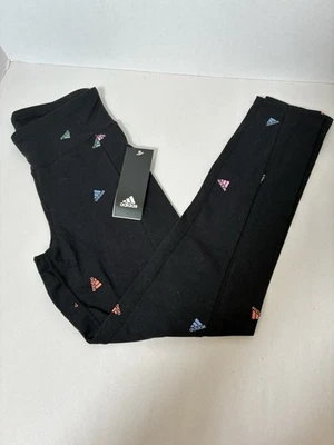 NEW! Adidas Logo Leggings Girls M 10/12 Black All Over Logo Pull On School Play - Image 1 of 4