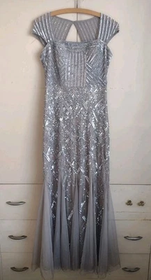 Adrianna Papell Dress Beaded Open Back Cap Sleeve Silver Evening Gown Prom Nye  - Image 1 of 4