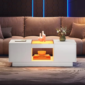 Coffee Table  Modern LED White 2 Tier With Drawers & Storage Smart App Control - Picture 1 of 7