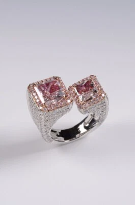 Stylish Open Fashion Cuff Women Ring With Simulated Peach Tourmaline & Sapphire - Image 1 of 4