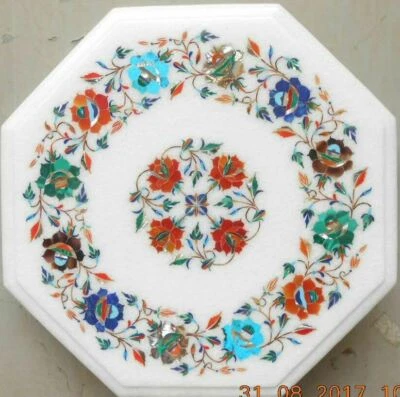 Mesa de mármol blanco 12" esquina café incrustación lapislázuli malaquita decoración habitación g107 Foto 1 de 4