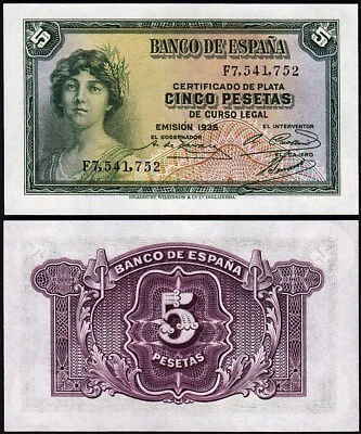 Spain Espana 5 Pesetas 1935 1936, UNC, P-85a, Prefix F - Image 1 of 3