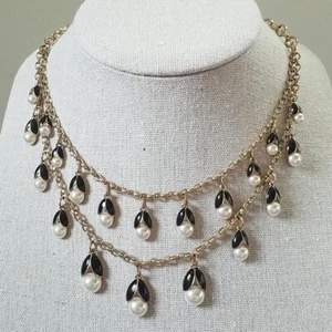 Faux pearl black and gold toned bib dangle necklace - floral dangle style double - Bild 1 von 2
