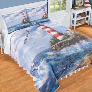 LIGHTHOUSE SEAGULLS COASTAL NAUTICAL OCEAN FULL QUEEN SZ QUILT & SHAM SET - Picture 1 of 1