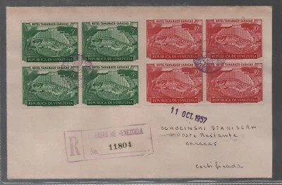 Venezuela: 1957; cover first day with 2 blocks of 4 of "Hotel Tamanaco".. VS0260 - Image 1 of 2