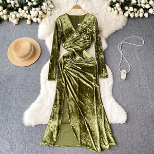 Womens Elegant Velvet V Neck Long Sleeves Side Slit Slim Party Dress Ball Gown - Picture 1 of 10