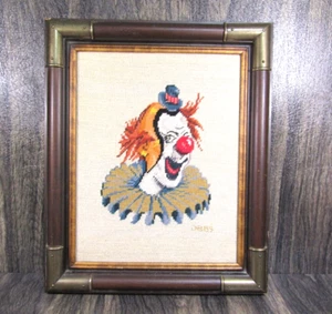 Vintage 80's Needlepoint Cross Stitched Clown Professionally Framed 17.5"X14.5" - Picture 1 of 7