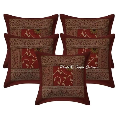 Handmade Polydupion Embroidered Sofa Pillow Cover Maroon Floral Cushion Cover - Image 1 of 3