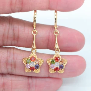 18K Yellow Gold Filled Multicolour Topaz Love Flower Charming Drop Earrings - Picture 1 of 6