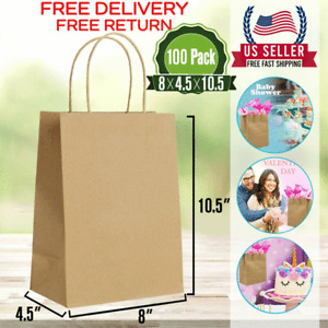 [100 Bags} Brown Kraft Paper Shopping With Handles.-[8x4.5x10.5]