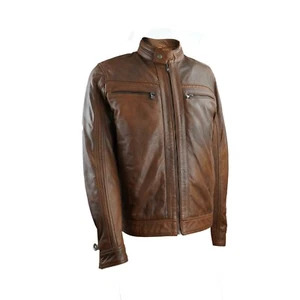 Cafe Racer | Biker Leather Jacket | Black & Brown | Soft Sheep Skin Leather - Picture 1 of 11