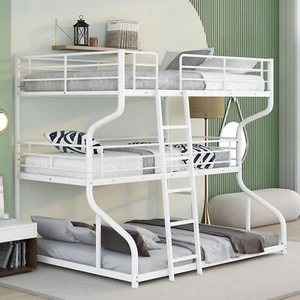 Full XL over Twin XL over Queen Size Triple Bunk Bed with Long and Short Ladder, - Picture 1 of 12