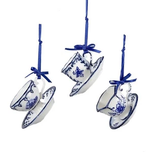 Kurt Adler J0651 2" Porcelain Delft Blue Cup And Saucer Ornament Set Of 3 - Picture 1 of 1