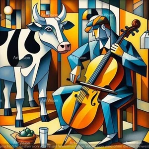 Kubismus - Der Cellist und die Kuh - Original auf Leinwand 60x60cm 2024 - Bild 1 von 1