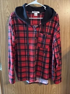 Passport Women’s Red Plaid Flannel Button Up With Black Hood Size Large - Picture 1 of 3