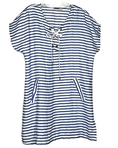 Vestido túnica para mujer Alessia Pacini L azul blanco rayas náutico con cordones lino - Imagen 1 de 7